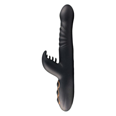 Black silicone multi-function vibrator with textured shaft, curved clitoral stimulator, and three control buttons.