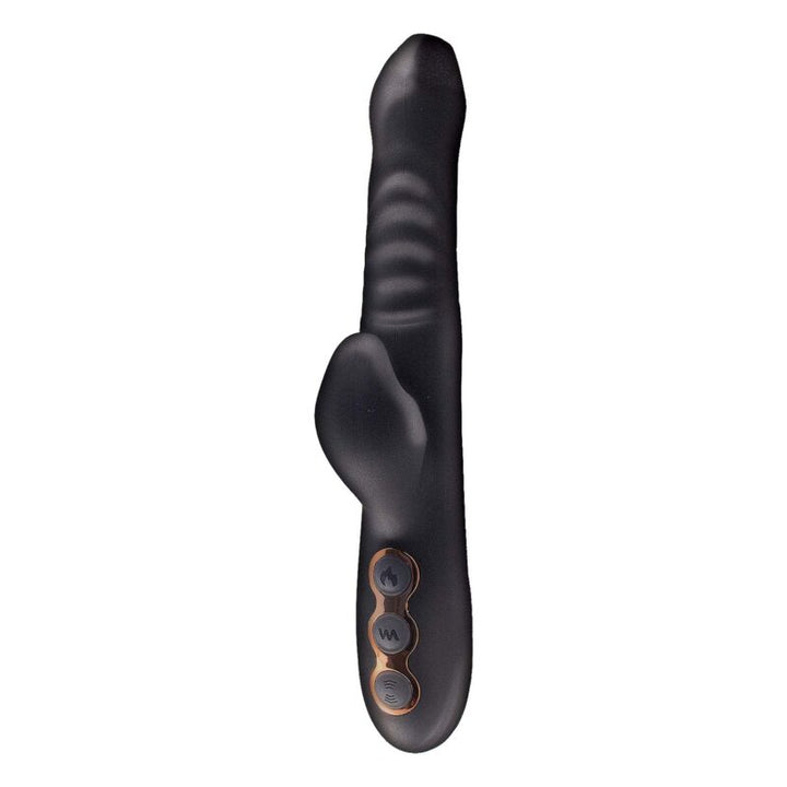 Black silicone multi-function vibrator with textured shaft, curved clitoral stimulator, and three control buttons.