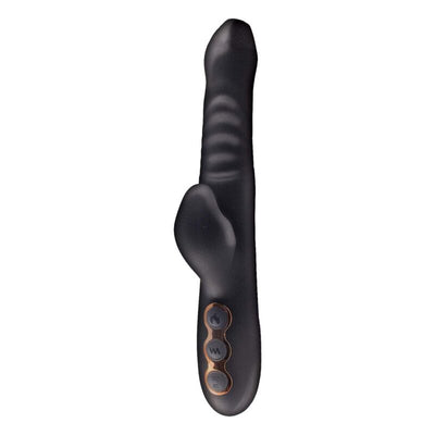 Black silicone multi-function vibrator with textured shaft, curved clitoral stimulator, and three control buttons.