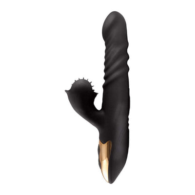 Black rechargeable silicone vibrator with textured shaft, spinning tickler wheel, and gold-accented base.