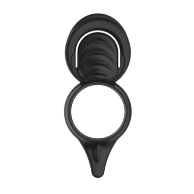Black double loop silicone cockring and scrotum cinch with textured design for enhanced comfort and support.