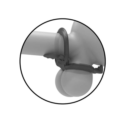 Black double loop silicone cockring and scrotum cinch shown on a gray anatomical model.