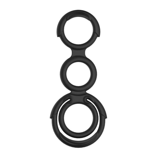 Black silicone triple ring cock and scrotum enhancer with interconnected circular design.