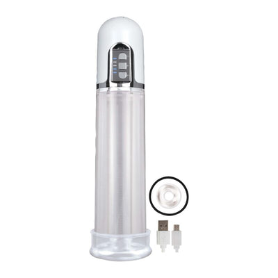 Clear electric suction pump with control buttons, included cockring, and USB charging cable on white background.