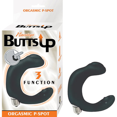 Black curved prostate stimulator with removable bullet vibrator shown next to its packaging box.