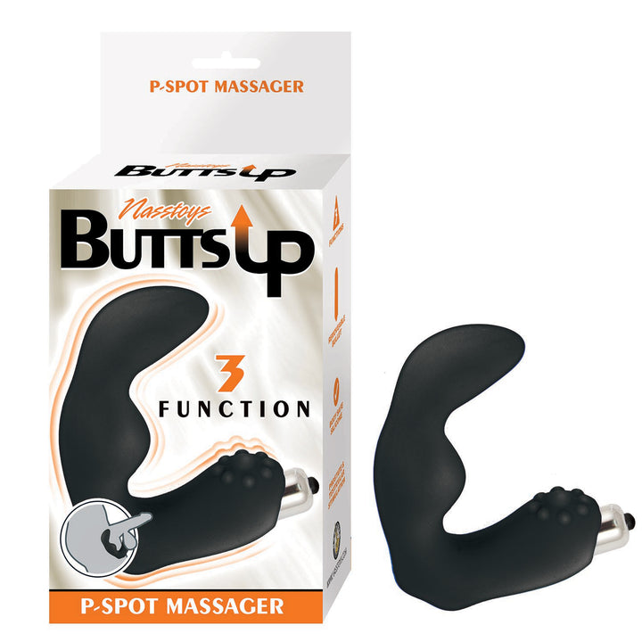 Black silicone Butts Up P-Spot Massager with removable bullet vibrator shown next to its retail packaging.