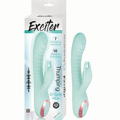 Light teal silicone G-spot vibrator with dual motors and USB charging, shown with packaging and controls.