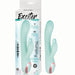 Light teal silicone G-spot vibrator with dual motors and USB charging, shown with packaging and controls.