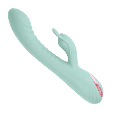 Light blue silicone dual-stimulation vibrator with textured shaft and curved clitoral arm, featuring a rose gold accent.