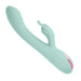 Light blue silicone dual-stimulation vibrator with textured shaft and curved clitoral arm, featuring a rose gold accent.