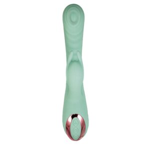 Mint green silicone personal massager with ergonomic shape and control buttons on the base.