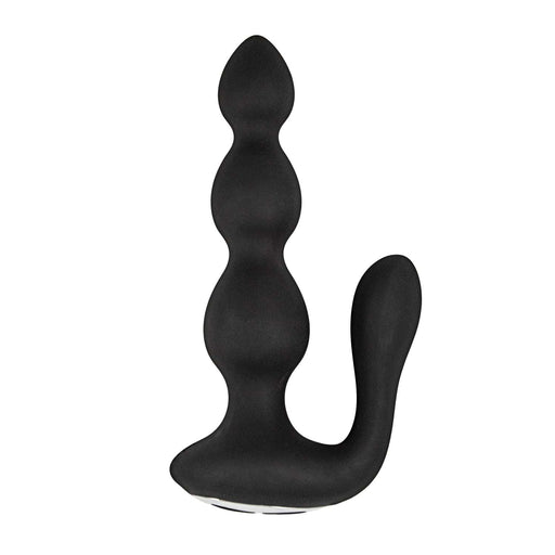 Black silicone prostate stimulator with curved design and textured shaft for targeted massage.