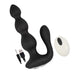 Black silicone prostate stimulator with remote control and USB charging cable on white background.