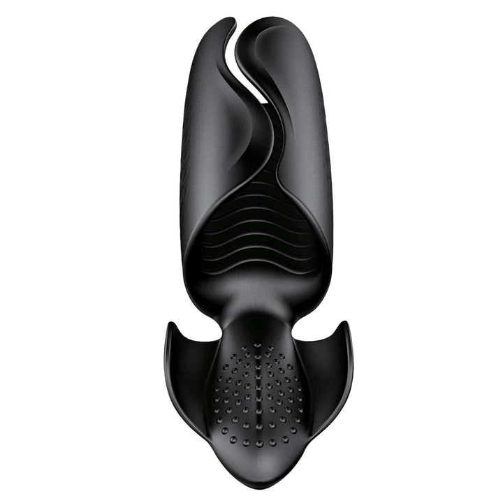 Black ergonomic male masturbator with textured interior and dual-wing design for enhanced stimulation.