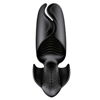 Black ergonomic male masturbator with textured interior and dual-wing design for enhanced stimulation.