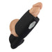 Black silicone male masturbator sleeve with dual motors and control buttons, designed for shaft and scrotum stimulation.