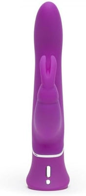 Purple silicone Happy Rabbit Power Motion vibrator with curved shaft and rabbit-shaped clitoral stimulator.