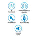 Icons highlighting 10 functions, environmentally friendly, waterproof, rechargeable, and whisper quiet features.