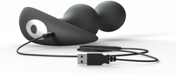 Black Twinny Bud anal stimulator with dual rounded pearls and USB charging cable on a white background.