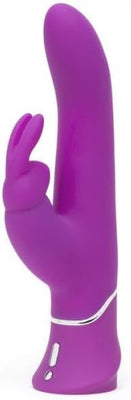 Purple silicone rabbit vibrator with curved shaft and dual stimulation ears, featuring ergonomic design and control buttons.
