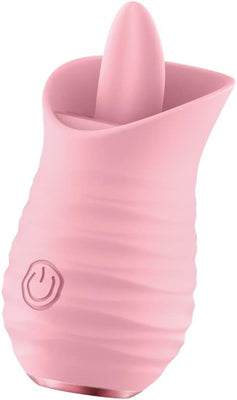 Pink silicone vibrator with a tongue-shaped flickering tip and textured body, featuring a power button on the side.