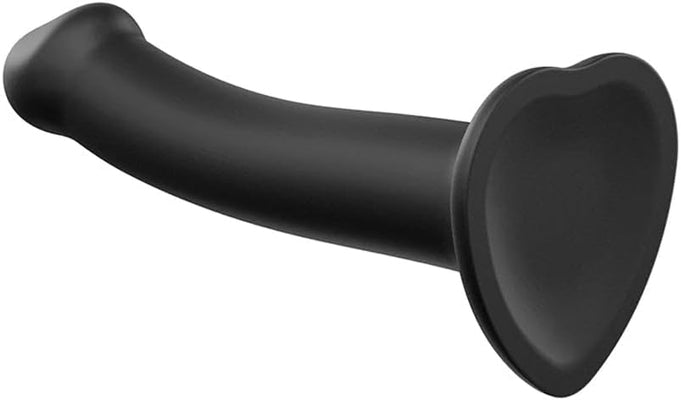 Black silicone bendable dildo with a strong suction cup base for hands-free use and customizable positioning.