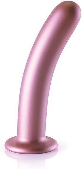Rose gold smooth silicone 7-inch curved G-spot dildo with strong suction base.