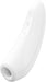White ergonomic Satisfyer Curvy 1+ vibrator with app control buttons and soft silicone head.