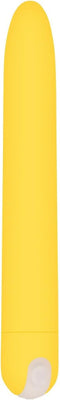 Yellow rechargeable silicone vibrator with smooth matte finish and single control button at base.