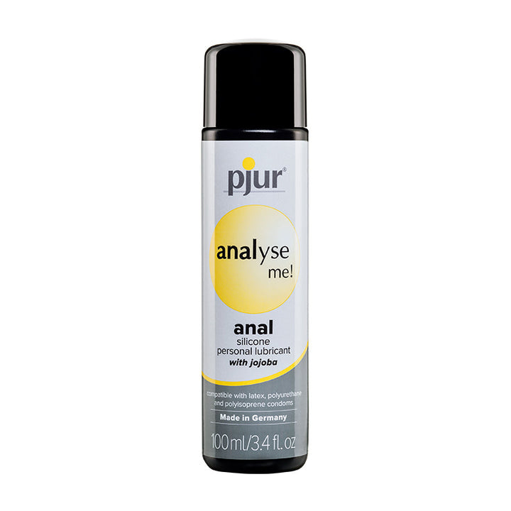 Bottle of Pjur Analyse Me silicone personal lubricant with jojoba oil, 100 ml size, designed for anal use.