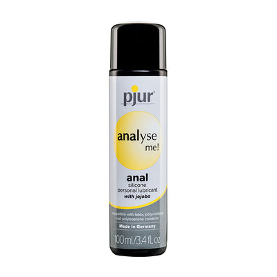 Bottle of Pjur Analyse Me silicone personal lubricant with jojoba oil, 100 ml size, designed for anal use.