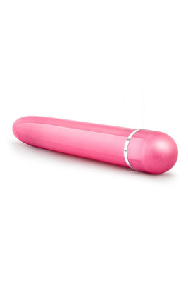 Sleek pink slimline vibrator with a pearl finish and silver accent ring, designed for customizable multi-speed pleasure.