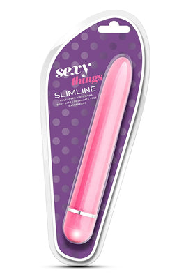 Pink slim line vibrator in clear plastic packaging with purple polka dot background and product branding.