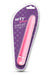 Pink slim line vibrator in clear plastic packaging with purple polka dot background and product branding.