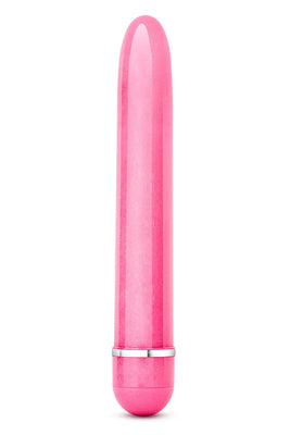 Sleek pink slimline vibrator with a pearl finish and silver accent ring on a white background.
