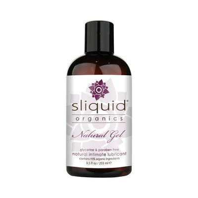 Bottle of Sliquid Organics Natural Gel intimate lubricant with a white label and black cap.