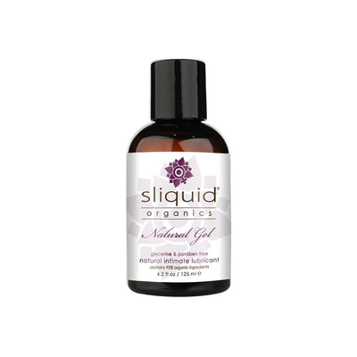 Bottle of Sliquid Organics Natural Gel intimate lubricant with black cap and white label on a white background.