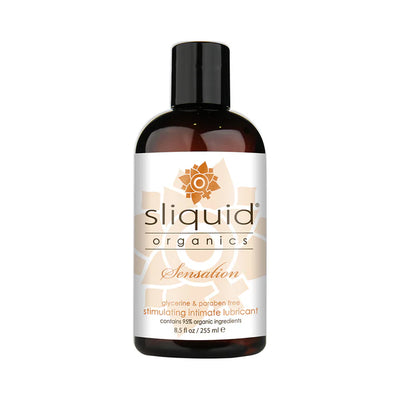 Bottle of Sliquid Organics Sensation warming intimate lubricant, 8.5 fl oz with natural ingredients label.