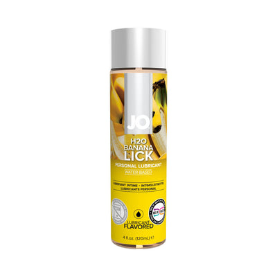 Bottle of JO H2O Banana Lick flavored water-based personal lubricant 4 oz with yellow label and banana imagery.