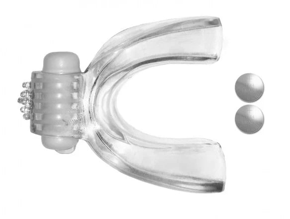 Clear silicone tongue-shaped vibe with textured motor and two LR44 batteries shown separately.