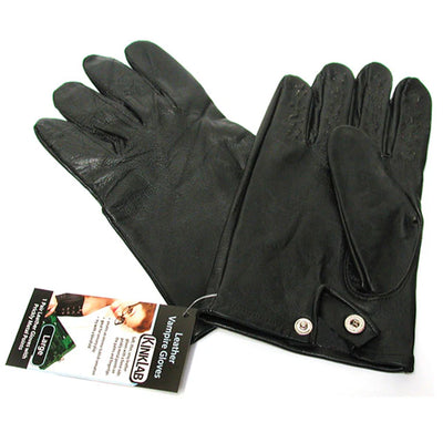 Pair of black leather vampire gloves with metal points on palms and fingertips, medium size with snap closures.