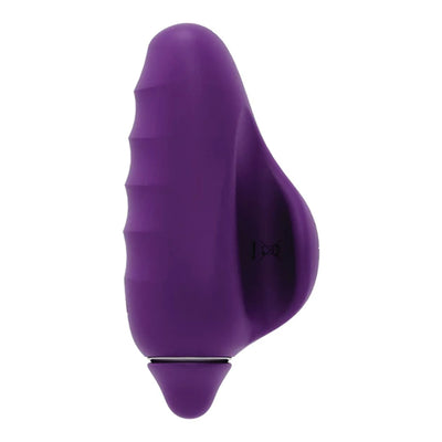 Purple silicone rechargeable finger vibrator with textured grip and ergonomic design.