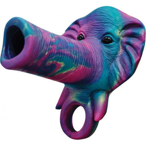 Colorful silicone sleeve shaped like an elephant head with a trunk and attached strap ring.