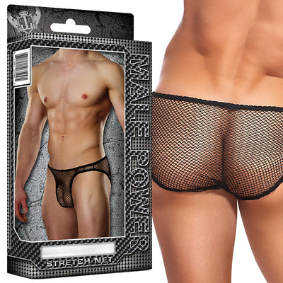 Black stretch net men's bikini underwear shown on model and packaging with mesh design and snug fit.