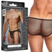 Black stretch net men's bikini underwear shown on model and packaging with mesh design and snug fit.