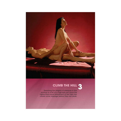 Couple demonstrating the "Climb the Hill" position on a bed with red sheets against a red background.