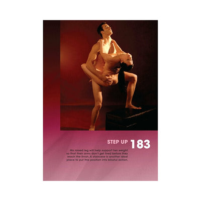 Couple demonstrating the "Step Up" position from 365 Sex Positions book, with man supporting woman who has one leg raised.