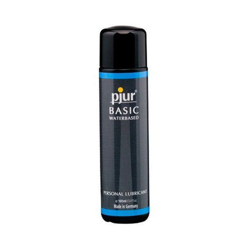 Pjur Basic Water Based Lubricant in a sleek 100 ml black bottle with blue accents and clear labeling.
