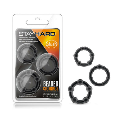 Black beaded stretchy cock rings in three sizes with retail packaging for enhanced performance and stamina.