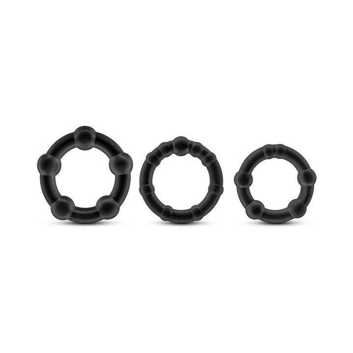 Set of three black beaded cock rings in small, medium, and large sizes made from stretchy body-safe material.